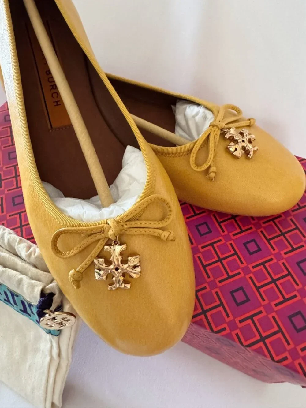 New Tory Burch Charm Ballet Flats, Goat Leather, Naples Yellow, Women's Size 9
